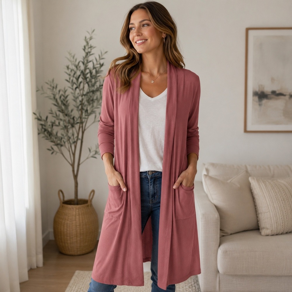 Olivia Blu Women's Dusty Rose Open Front Long Style Cardigan Size L 3/4 Sleeves